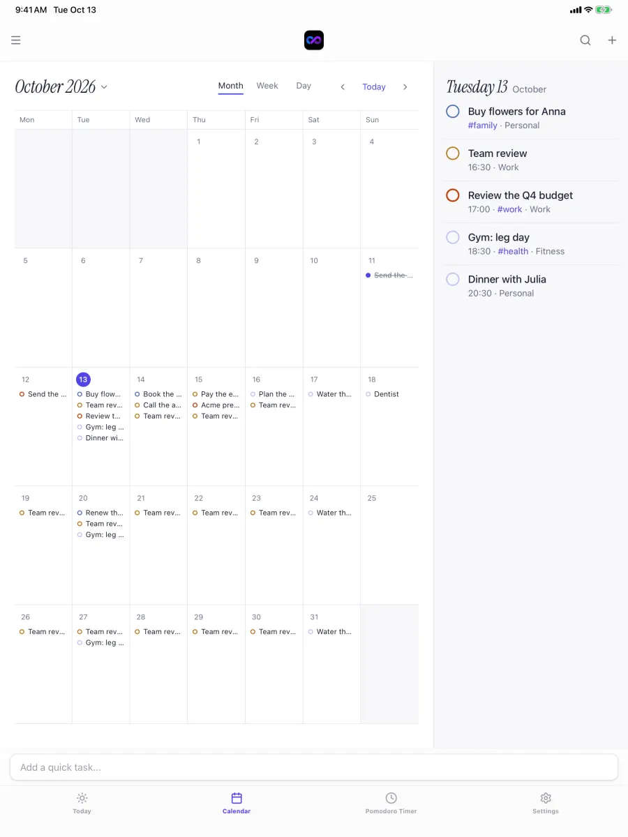 Monthly calendar on iPad with the day's tasks listed on the right