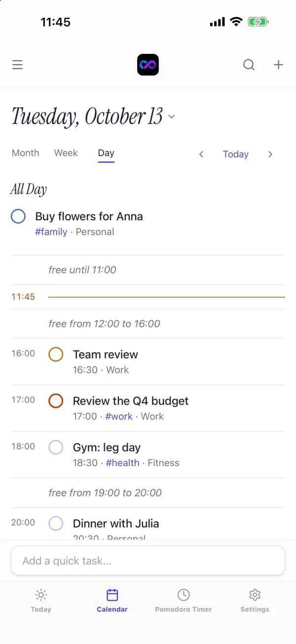 Daily calendar on iPhone with tasks placed at 16:00, 17:00, 18:00 and 20:00