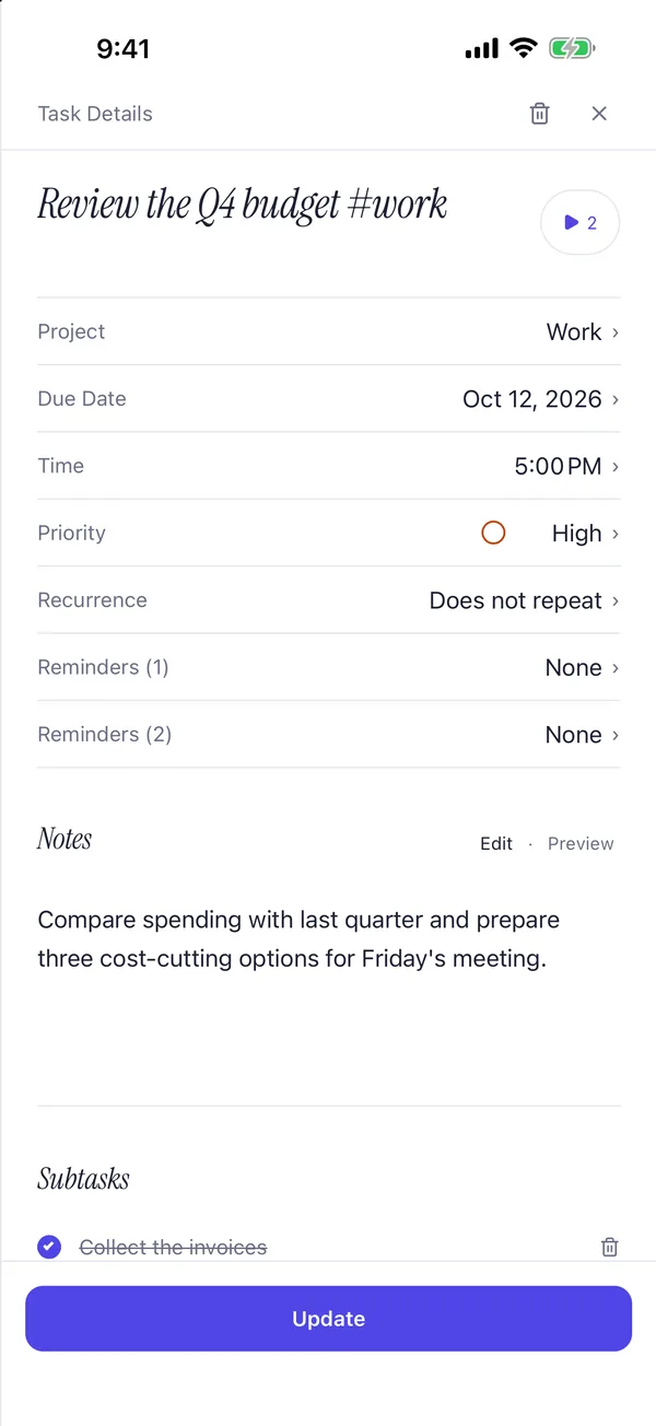 Task details on iPhone: project, due date, time, priority, notes and subtasks