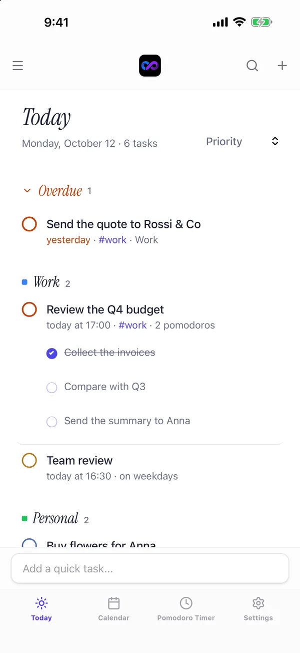 Today on iPhone: an overdue task, tasks grouped by project, subtasks and pomodoros